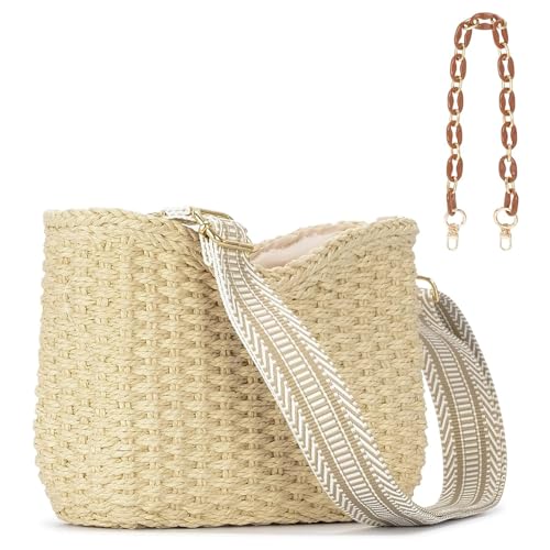 Umhängetasche Damen Klein Crossbody Bag Damen Retro Tote Bag Shopper Tasche Damen Sommer Schultertasche Strandtasche Häkeltasche für Arbeit Reisen Einkaufen Schule und Alltag (Beige) von SUNAVY