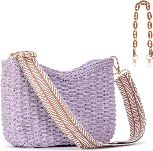 Umhängetasche Damen Klein Crossbody Bag Damen Retro Tote Bag Shopper Tasche Damen Sommer Schultertasche Strandtasche Häkeltasche für Arbeit Reisen Einkaufen Schule und Alltag (Lila) von SUNAVY