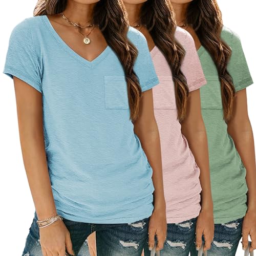 SUNBS 3er-Pack Damen-T-Shirts mit V-Ausschnitt, kurzärmelig, leicht, Sommer-Tops mit Tasche, Blaugrün, Mittel von SUNBS