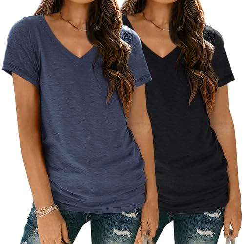 SUNBS Damen-T-Shirt, kurzärmelig, 2er-Pack, V-Ausschnitt, Sommer, Frühling, trendig, lässig, lockere Passform, leichte Kleidung 2025, 2er-Pack: Marineblau, Klein SUNBS Damen-T-Shirt, kurzärmelig, 2er-Pack, V-Ausschnitt, Sommer, Frühling, trendig, lässig, lockere Passform, leichte Kleidung 2025, 2er-Pack: Marineblau, Klein von SUNBS