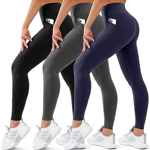 3er-Pack Leggings für Damen, hohe Taille, nicht durchsichtig, Bauchkontrolle, weiche Yogahose, Damen, Workout, athletisch, Laufleggings, 19 Taschen Schwarz/Grau/Marineblau, S/M von SUNCLOVE