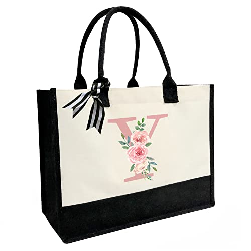 Personalisierte Initiale Segeltuch-Strandtasche, Canvas-Einkaufstasche mit Innentasche mit Reißverschluss, doppelte Schultergurte, monogrammierte Jute-Tasche für tägliche Arbeit Reisen, Rosa Buchstabe von SUNDEE