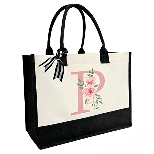 Personalisierte Strandtasche aus Segeltuch mit Innentasche mit Reißverschluss, doppelte Schultergurte, monogrammierte Jute-Tasche für die tägliche Arbeit und Reisen, Pinker Buchstabe P, Einheitsgröße von SUNDEE