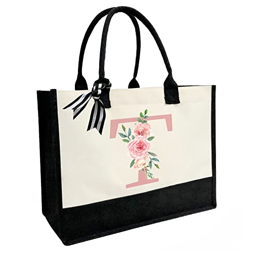 Personalisierte Strandtasche aus Segeltuch mit Innentasche mit Reißverschluss, doppelte Schultergurte, monogrammierte Jute-Tasche für die tägliche Arbeit und Reisen, Pinker Buchstabe T, Einheitsgröße von SUNDEE