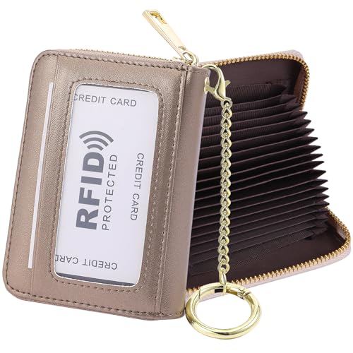 RFID Blocking Credit Card Holder, 20 Card Slots Large Capacity Accordion Card Wallet, Leather Card Case with Removable Keychain and ID Window, Kb08-pw-gd, Einheitsgröße, Klassisch von SUNDEE