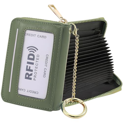 RFID Blocking Credit Card Holder, 20 Card Slots Large Capacity Accordion Card Wallet, Leather Card Case with Removable Keychain and ID Window, dunkelgrün, Einheitsgröße, Klassisch von SUNDEE