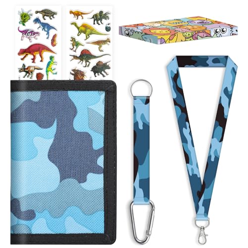 SUNDEE Kinder Geldbörse für Jungen und Mädchen, dreifach gefaltete Geldbeutel in Boxverpackung mit Aufklebern und Schlüsselband für Geschenke, Geldbörse mit Münzfach mit Reißverschluss (Tarnblau) von SUNDEE