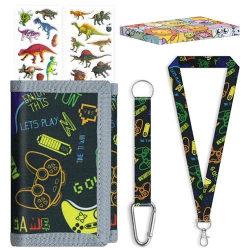 SUNDEE Kinder Geldbörse für Jungen und Mädchen, dreifach gefaltete Geldbeutel in Boxverpackung mit Aufklebern und Schlüsselband für Geschenke, Geldbörse mit Münzfach mit Reißverschluss (Gamepad) von SUNDEE