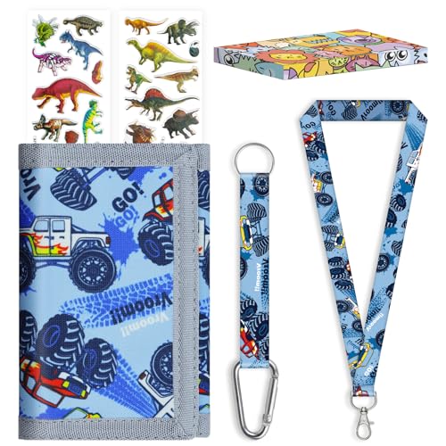 SUNDEE Kinder Geldbörse für Jungen und Mädchen, dreifach gefaltete Geldbeutel in Boxverpackung mit Aufklebern und Schlüsselband für Geschenke, Geldbörse mit Münzfach mit Reißverschluss (Blaues Auto) von SUNDEE