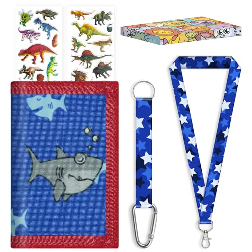 SUNDEE Kinder Geldbörse für Jungen und Mädchen, dreifach gefaltete Geldbeutel in Boxverpackung mit Aufklebern und Schlüsselband für Geschenke,Geldbörse mit Münzfach mit Reißverschluss für Sport(Hai) von SUNDEE