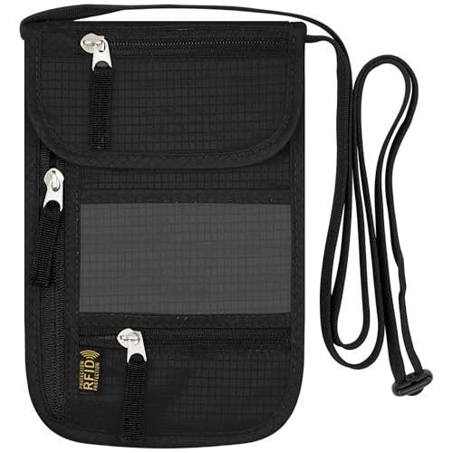 sundee Reise-Umhänge-Tasche mit RFID-Blockierung für Damen und Herren, Reisepasshülle und Brustbeutel mit verstellbarem Umhängeband, schlanke Brieftasche mit Reißverschlusstaschen, um Bargeld, Karten von SUNDEE