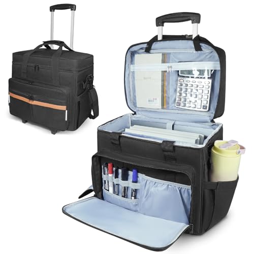 SUNDOY Rolling Lehrer Tasche, Arbeitstasche für Lehrer mit Erweiterbarem Aktenfach, Rollbare Teacher Tote Bag für bis zu 17,3 Zoll Laptop (Schwarz+Braun) von SUNDOY