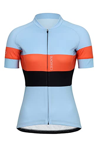 SUNDRIED Frauen kurzärmelig Zyklus Jersey Ladies Road Cycling Hemd Sky Blue Striped MTB Top (Sky M) von SUNDRIED