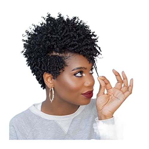 Kurze lockige Afro-Echthaarperücken for schwarze Frauen, 20,3 cm, flauschige Pixie-Schnitt-Perücken, natürlicher Seitenpony-Schnitt, brasilianisches Remy-Haar, volle Maschine, kurze Pixie-Perücken (C von SUNESA