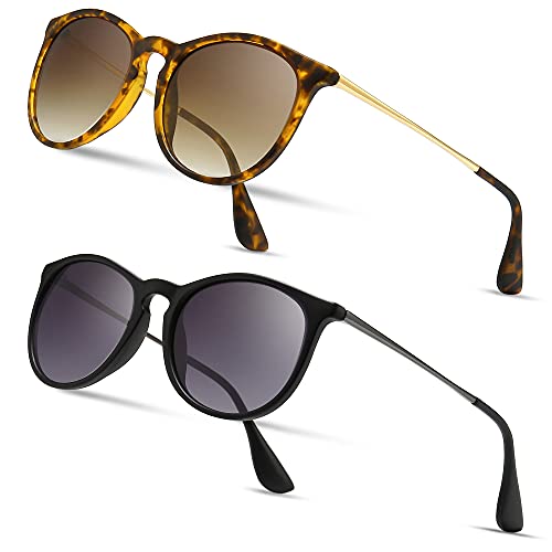 SUNGAIT Vintage Runde Sonnenbrille Damen Klassische Retro Designer-Stil (Bernstein Rahmen (Mattes Finish)/Braun Polarisiert Linse + Schwarzer Rahmen (Mattes Finish)/Grau Polarisiert Gradiente Linse) von SUNGAIT