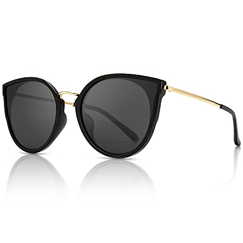 SUNGAIT Damen Übergroß Katzenauge Polarisierte Sonnenbrille Vintage UV-Schutz Sonnenbrille(Schwarzer Rahmen Glänzend Finish/Graue Linse)-SGT969LHHH von SUNGAIT