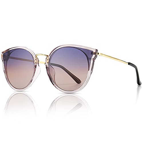 SUNGAIT Damen Übergroß Katzenauge Polarisierte Sonnenbrille Vintage UV-Schutz Sonnenbrille(Transparente Grau Rahmen/Lila Farbverlauf Objektiv)-SGT969THKSZ von SUNGAIT