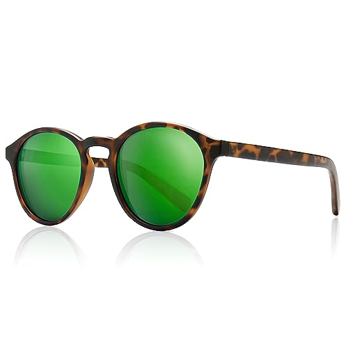 SUNGAIT Damen Retro Polarisierte Sonnenbrille Mit TR90 Rahmen Sonnenbrille Vintage Round Style für UV400 Schutz (Bernstein Rahmen (Mattes Finish)/Grüne Verspiegelt Linse) von SUNGAIT