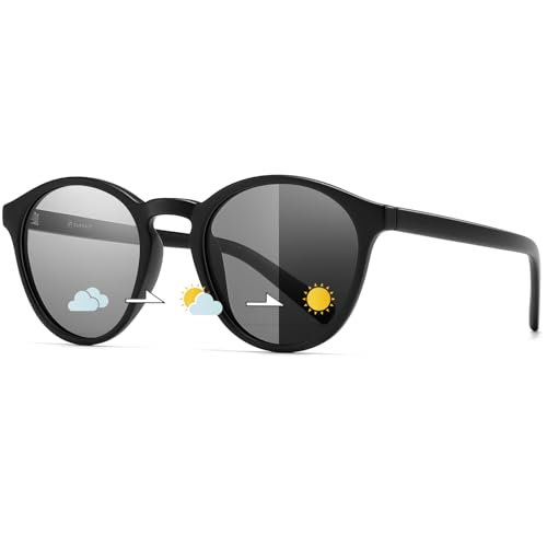 SUNGAIT Damen Retro Polarisierte Sonnenbrille Mit TR90 Rahmen Sonnenbrille Vintage Round Style für UV400 Schutz (Schwarzer Rahmen (mattes Finish)/Photochromatische Linse) von SUNGAIT