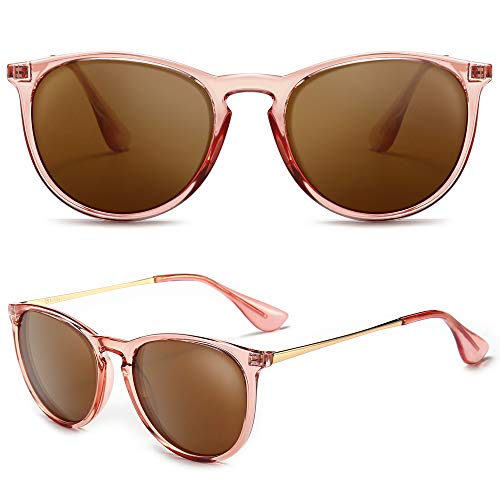 SUNGAIT Vintage Runde Damen Sonnenbrille Klassischer Retro Designer Stil (Polarisierte Hellbraune Linse/Rosa Brauner Rahmen)-SGT567 von SUNGAIT