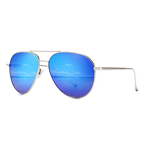 SUNGAIT Übergroße Sonnenbrille für Frauen Leichte Mode Sonnenbrille - Polarisierte Linse (Silberrahmen/Ocean Blue Mirror Lens, 60) -SGT603 von SUNGAIT