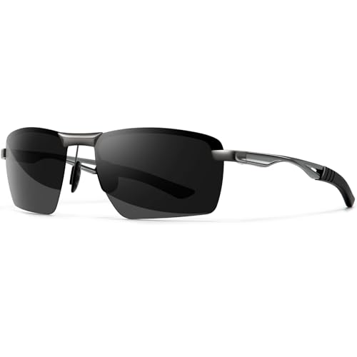SUNGAIT Polarisierte randlose Al-Mg-Sonnenbrille für Herren Sport rechteckig zum Autofahren und Angeln (Gunmetal-Rahmen/Graue Linse) von SUNGAIT