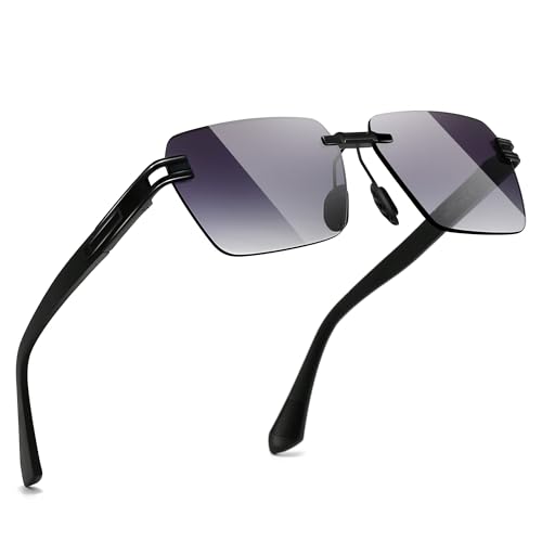 SUNGAIT Randlose Rechteckige Sonnenbrille Quadratisch Rahmenlos für Männer und Frauen Y2K Vintage Retro UV-Schutz (Schwarzer Rahmen/Graue Verlaufsgläser) von SUNGAIT