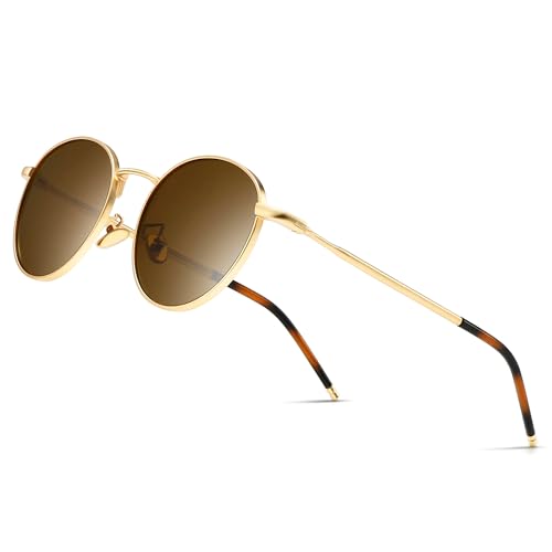SUNGAIT Runde Vintage Polarisierte Sonnenbrille Klassische Retro Metallrahmen Sonnenbrille Rundschreiben für Frauen Männer(Goldrahmen/Polarisierte Braune Linse)-SGT059JKCUK von SUNGAIT