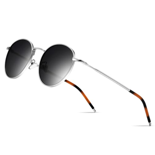SUNGAIT Runde Vintage Polarisierte Sonnenbrille Klassische Retro Metallrahmen Sonnenbrille Rundschreiben für Frauen Männer(Silberrahmen/Polarisierte Graue Linse)-SGT059YKHUIUK von SUNGAIT