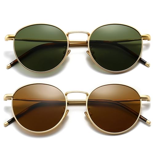 SUNGAIT Runde Vintage Polarisierte Sonnenbrille Klassische Retro Metallrahmen Sonnenbrille Rundschreiben für Frauen Männer 2er-Pack SGT059JML-JC-DE von SUNGAIT