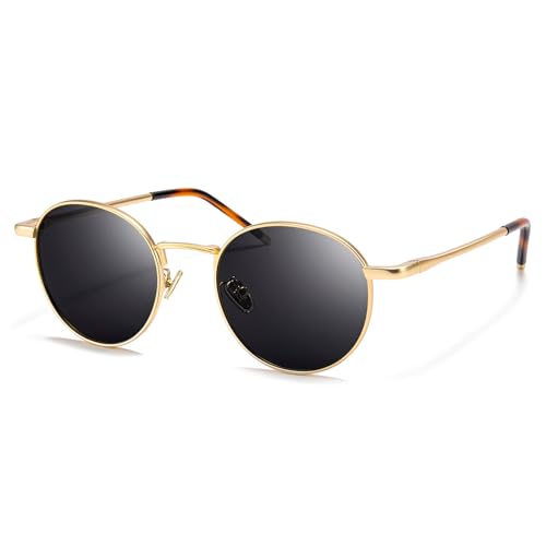 SUNGAIT Runde Vintage Polarisierte Sonnenbrille Klassische Retro Metallrahmen Sonnenbrille Rundschreiben für Frauen Männer 2025 Goldrahmen/graue polarisierte Gläser (Federscharnier) von SUNGAIT