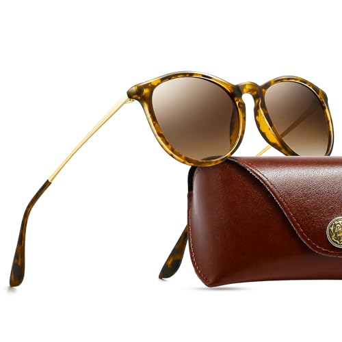 SUNGAIT Runde Vintage-Sonnenbrille für Damen und Herren, klassischer Retro-Designer-Stil, Bernsteinfarbener Rahmen (mattes Finish)/braune Farbverlaufsgläser + Etui von SUNGAIT