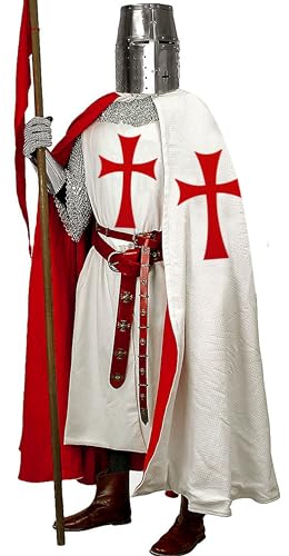 SUNLEXA Mittelalter Tunika Tempelritter Halloween Kostüm Kapuzenmütze Umhang Renaissance Surcoat Cosplay Kostüme Größe (S-6XL), Weiß/Kastanienbraun Templar, 5X-Large von SUNLEXA