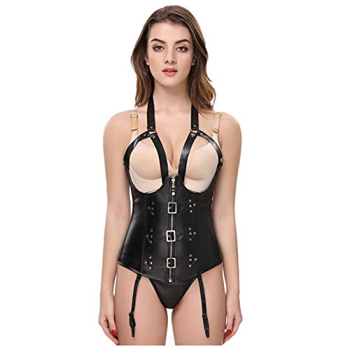 SUNMME Damen Bustier Korsett Neckholder Sexy Dessous Sets Taillenkontrolle Schlankheits-Shapewear Leder Steampunk Tops mit Strümpfen,Schwarz,M von SUNMME