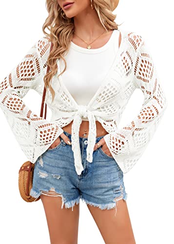 SUNMMWERY Damen Badeanzug Cover Up für Frauen Sommer Häkeln Ausschnitt Badeanzug Cover Ups Bademode Strand Bikini Cardigan, Weiss/opulenter Garten, Medium von SUNMMWERY