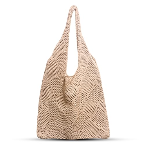 SUNNIFLY Gehäkelte Strandtasche Damen, Geflochtene Tasche Sommer, Häkeltasche für Reisen, Einkäufe und Strandausflüge (khaki) von SUNNIFLY