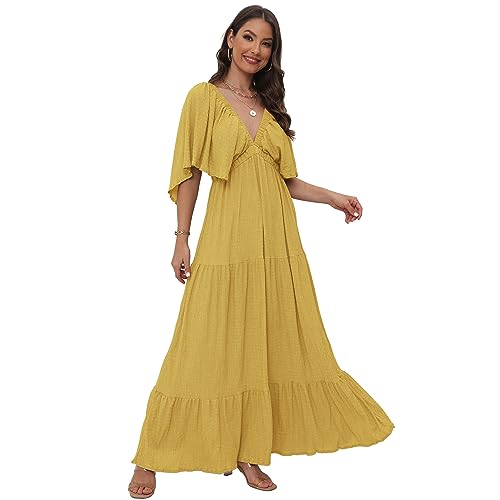 Damen Sommer V-Ausschnitt Stufen-Silhouette mit Flatterärmeln Maxikleid Kleider für Casual, gelb, Mittel Damen Sommer V-Ausschnitt Stufen-Silhouette mit Flatterärmeln Maxikleid Kleider für Casual, gelb, Mittel von SUNNOW