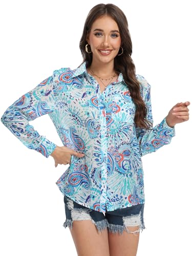SUNNOW Damen Vintage Stil Paisley Print Langarm Button Down Shirt Atmungsaktiv Sommer Bluse Boho Chic Retro Tops, Blau, Klein von SUNNOW