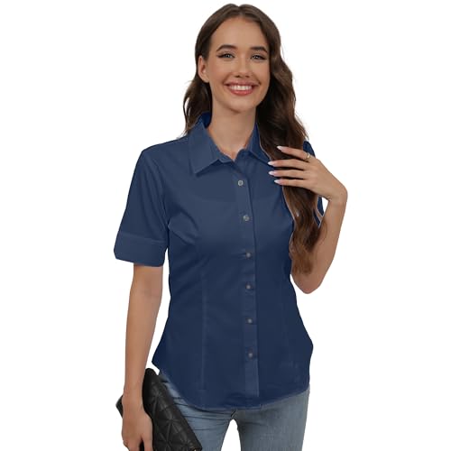 SUNNOW Damen tailored short sleeve grund einfache button-down-hemd mit stretch mittel dunkelblau SUNNOW Damen tailored short sleeve grund einfache button-down-hemd mit stretch mittel dunkelblau von SUNNOW