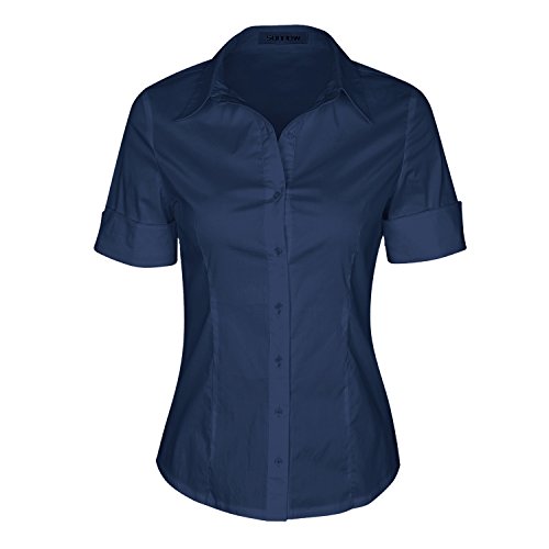 SUNNOW Damen tailored short sleeve grund einfache button-down-hemd mit stretch mittel dunkelblau von SUNNOW