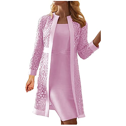 SUNNSEAN Damen Hochzeitskleid Cocktailkleid Brautjungfernkleider Für Hochzeit Knielang Ärmellos Abendkleider mit Spitzen Jacke Vintage Tüll 2 Stück Ballkleid für Frauen, Rosa, XXL von SUNNSEAN
