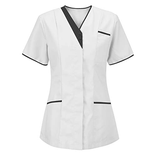 SUNNSEAN Krankenhaus Schlupfhemd Bluse Kurzarm V-Neck Mischgewebe Kasack Damen Pflege mit Liebe Motiv Bunt Arzt Uniform Berufsbekleidung Krankenschwester Kleidung von SUNNSEAN