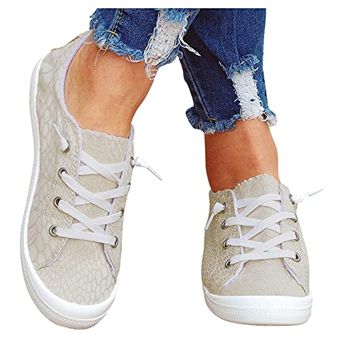 SUNNSEAN Sneaker Damen Leicht Flache Schuhe Atmungsaktive Stoffschuhe Elegante Frauen Schnürhalbschuhe Laufschuhe Sommer Herbst Outdoor Walkingschuhe Halbschuhe, V03 Beige, 39 EU von SUNNSEAN