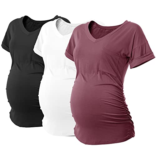 SUNNYBUY 3er-Pack Damen Umstands-Tops seitlich geraffte Umstands-Shirts Schwangerschaftskleidung V-Ausschnitt, Schwarz & Weiß & Burgunderrot, Mittel von SUNNYBUY