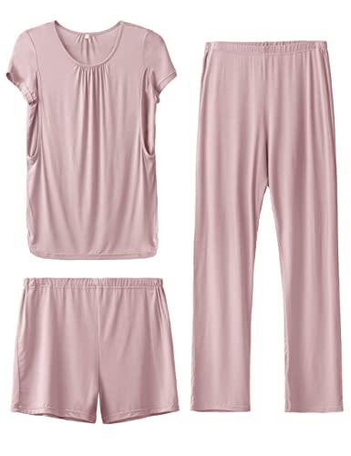 SUNNYBUY Damen Schwangerschafts-Pyjama-Set, kurzärmelige Still-Shirts, Schwangerschafts-Shorts und Hose, 3-teiliges Still-Pyjama, Blassrosa lila, M von SUNNYBUY