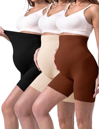 SUNNYBUY Damen Umstandsformwäsche für Kleider, Nahtlose Mitte Oberschenkel Schwangerschaft Unterwäsche über Bauch Unterstützung, 3 Stück, Schwarz + Haut + Schokolade, Large von SUNNYBUY