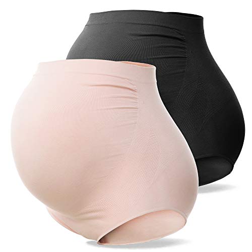 SUNNYBUY Damen Umstandsmode Hohe Taille Unterwäsche Schwangerschaft Nahtlos Weich Hipster Panties Over Bump, Schwarz Beige-2er Pack, 2X Mehr von SUNNYBUY