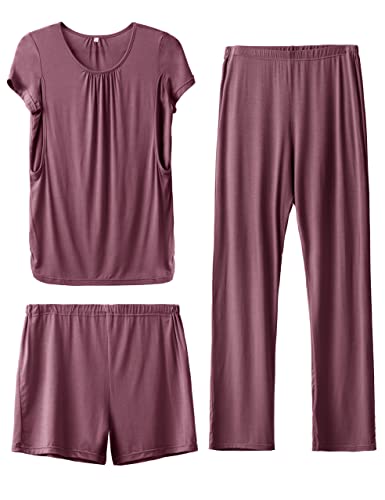 SUNNYBUY Damen Umstandsmode Stillpyjama-Set, Kurzarm-Stillshirts, Schwangerschafts-Shorts und Hosen, 3-teiliges Stillpyjama-Set, Dunkelrot 2XL von SUNNYBUY