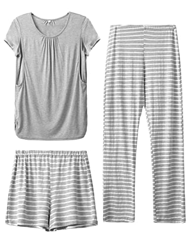 SUNNYBUY Damen Umstandsmode Stillpyjama-Set, Kurzarm-Stillshirts, Schwangerschafts-Shorts und Hosen, 3-teiliges Stillpyjama-Set, Grau&Streifen 2XL von SUNNYBUY