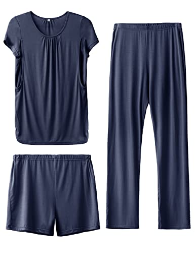 SUNNYBUY Damen Umstandsmode Stillpyjama-Set, Kurzarm-Stillshirts, Schwangerschafts-Shorts und Hosen, 3-teiliges Stillpyjama-Set, Navy Blau 2XL von SUNNYBUY